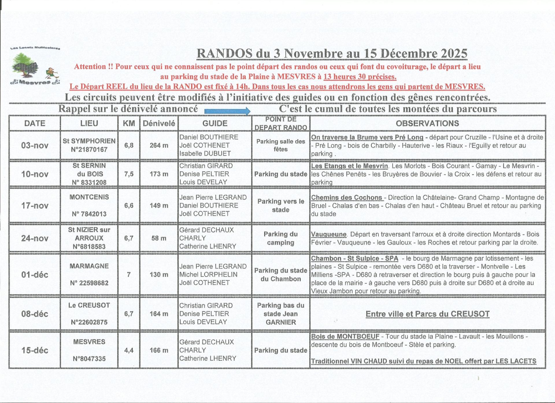 Planning du 3 novembre au 15 decembre 2025