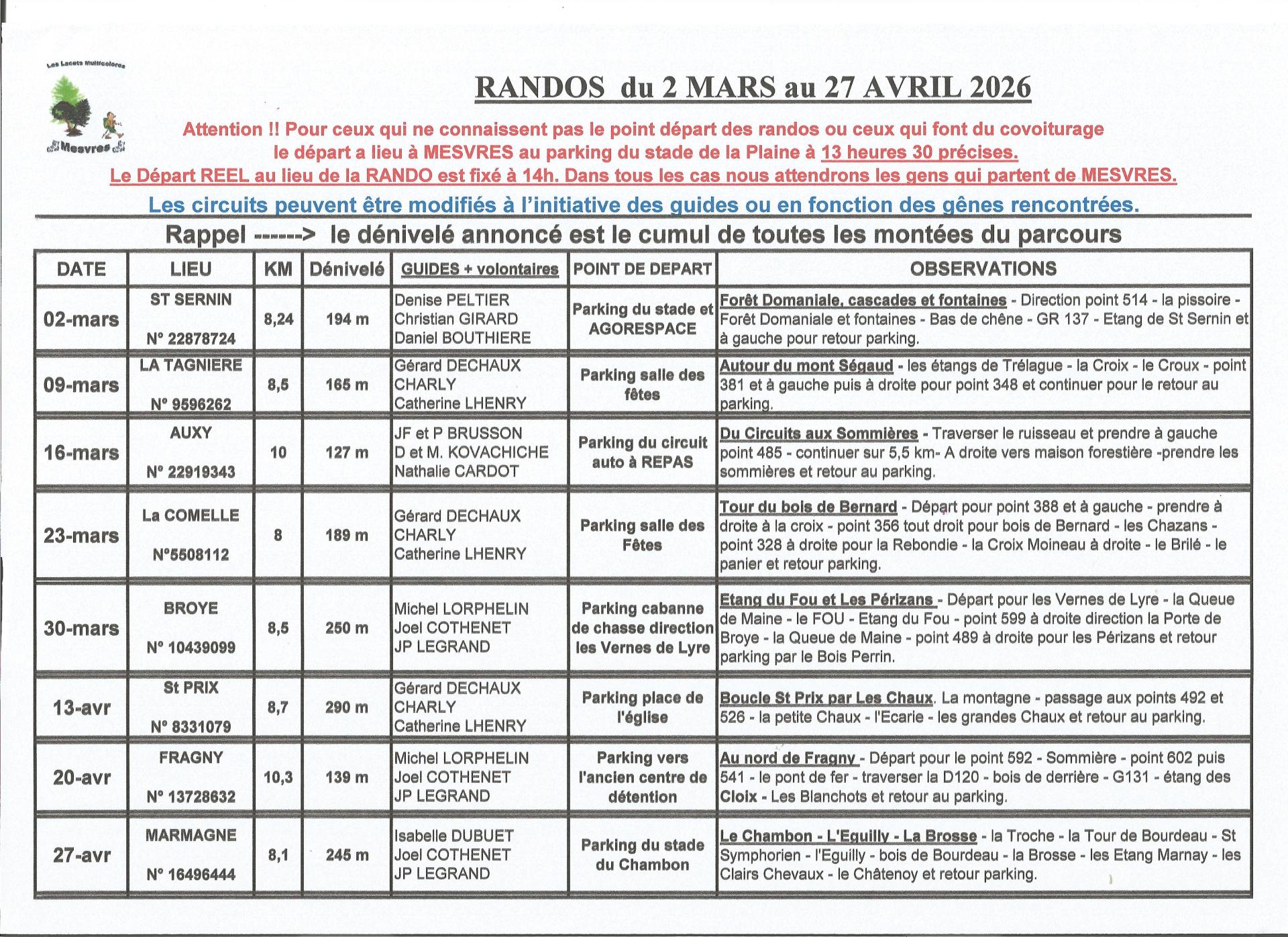 Scan du planning de randos du 2 mars au 27 avril 2027